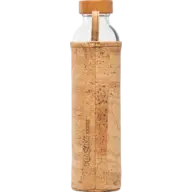 Glass bottle with cork sleeve and wooden lid, "FLASKA CORK" text on sleeve.