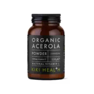 Brown jar labelled "Organic Acerola Powder" by Kiki Health, 100g.