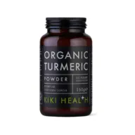 Brown jar of Kiki Health Organic Turmeric Powder, 150g, with black label.