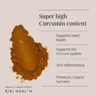 Turmeric powder with text: Super high Curcumin content, supports heart health, immune system.