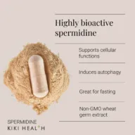 Spermidine capsule on powder. Text: Highly bioactive spermidine, supports cellular functions.