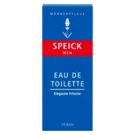 Speick Men Eau de Toilette box, blue with red band, labelled "Elegante Frische", vegan.