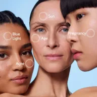 Three women with skincare concerns: Blue Light, Acne, Sun, Age, Pregnancy. Blue background.