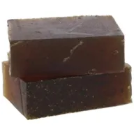 Two stacked bars of dark brown soap with a textured surface.
