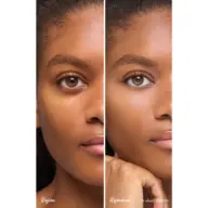 Before and after skincare comparison of a woman's face, text: "Before" and "Refreshed in shade SWOON".