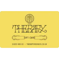 Therapy Organics gift card, yellow background, contact number and website.