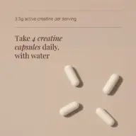 Four white capsules on beige background with text: "3.5g active creatine per serving.