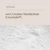 Text: ">99.9% pure, 100% Creatine Monohydrate (Creavitalis®)". White powder background.