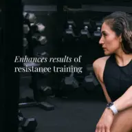 Woman in gym with dumbbells, text reads "Enhances results of resistance training".
