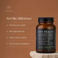 Eye health supplement bottle with benefits: protects eye health, blue light defence, night vision.