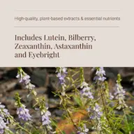 Text: "Includes Lutein, Bilberry, Zeaxanthin, Astaxanthin and Eyebright" over purple flowers.