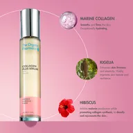 Collagen Plus Serum bottle with marine collagen, kigelia, and hibiscus benefits on pink background.