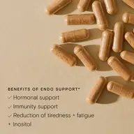 Capsules on beige background with text: Benefits of Endo Support, hormonal and immunity support.