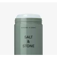 Grey deodorant stick labelled "Salt & Stone" with "Bergamot & Hinoki" text.