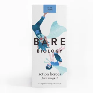 Bare Biology Action Heroes omega-3, 500mg DHA, daily liquid, 100ml, cartoon heroes on box.