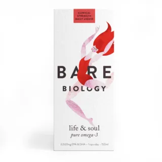 Bare Biology omega-3 liquid box with red-haired figure illustration.
