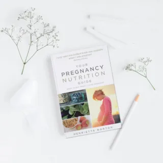 Pregnancy nutrition book on white surface with flowers and a pen.
