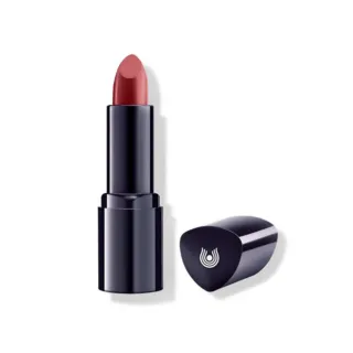 Red lipstick with black casing and cap featuring a white logo.