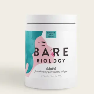 Bare Biology Skinful marine collagen powder, 300g tub with illustrated face design.