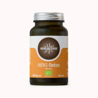Hifas da Terra Detox supplement bottle, 60 capsules, 600 mg each, organic certification.