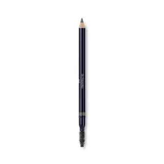 Dark blue eyebrow pencil with spoolie brush on white background.