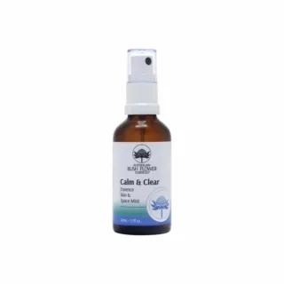 Brown spray bottle labelled "Calm & Clear Essence Skin & Space Mist".