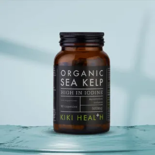 Brown bottle of Kiki Health Organic Sea Kelp capsules, high in iodine, 500mg, 90 capsules.