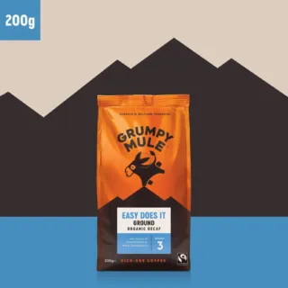 Grumpy Mule Easy Does It ground organic decaf coffee, 200g, roast level 3.