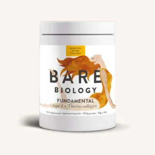 Bare Biology Fundamental collagen powder, 300g, with illustrated woman on label.