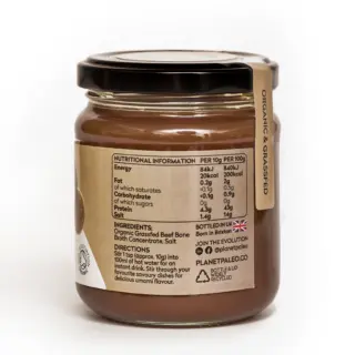 Jar of organic grass-fed beef bone broth with nutritional information and UK flag label.