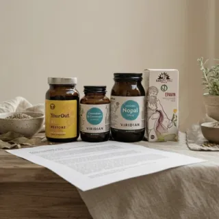 Four supplement bottles on a table with a document and plants.