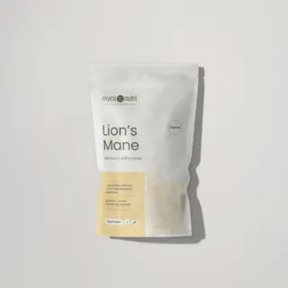 MycoNutri Lion's Mane powder, 100g, organic, Hericium erinaceus, in a white pouch.