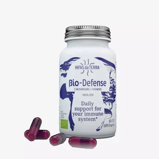Hifas da Terra Bio-Defense supplement bottle with capsules.