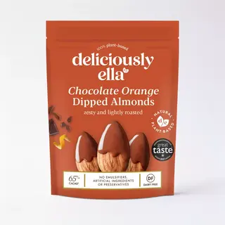 Deliciously Ella Chocolate Orange Dipped Almonds, plant-based, 65% cacao, dairy-free.