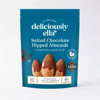 Deliciously Ella Salted Chocolate Dipped Almonds, plant-based, dairy-free, 65% cacao.