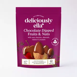 Purple packet of chocolate dipped fruits and nuts, labelled "deliciously ella".