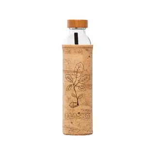 Glass bottle with cork sleeve, wooden cap, and plant design. Text: "FLASKA".