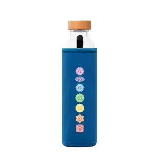 Glass bottle with bamboo lid, blue sleeve, and colourful chakra symbols vertically aligned.