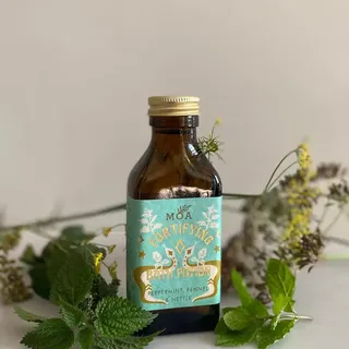 Brown bottle with blue label, "MOA Fortifying Green Potion", surrounded by herbs.