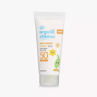 Organic Children SPF 50 sun cream tube, lavender scent, eczema-friendly, for sensitive skin.