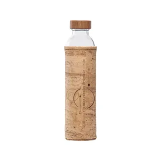 Glass bottle with cork sleeve, wooden lid, and text "The best version of myself" on sleeve.