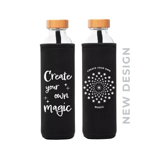 Two glass bottles with black sleeves, wooden lids, and "Create your own magic" text.