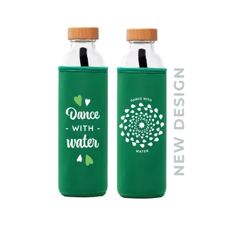 Green water bottles with "Dance with water" text and heart designs. New design label on side.