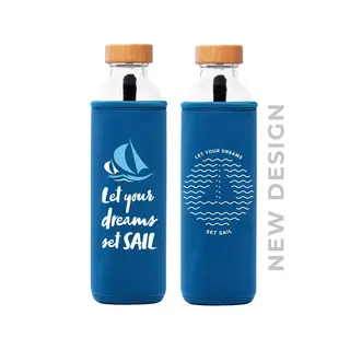 Two blue bottles with "Let your dreams set sail" text and sailboat design. New design label.