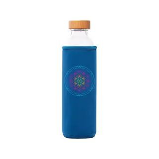 Glass bottle with bamboo lid in blue sleeve, geometric pattern on sleeve.