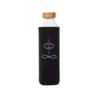 Glass bottle with wooden lid in black sleeve, abstract white and gold design on sleeve.
