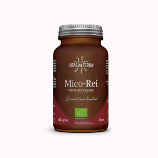 Brown bottle of Mico-Rei 100% Eco Reishi, 70 capsules, by Hifas da Terra.