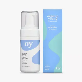Foaming face wash bottle and box, labelled "oy" and "organic young". Tea Tree and Willow Bark.