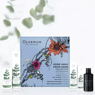Olverum Home Away From Home collection with floral design and product bottles.