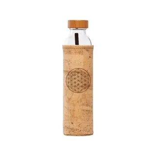 Glass bottle with cork sleeve and wooden lid, featuring a geometric circle design.